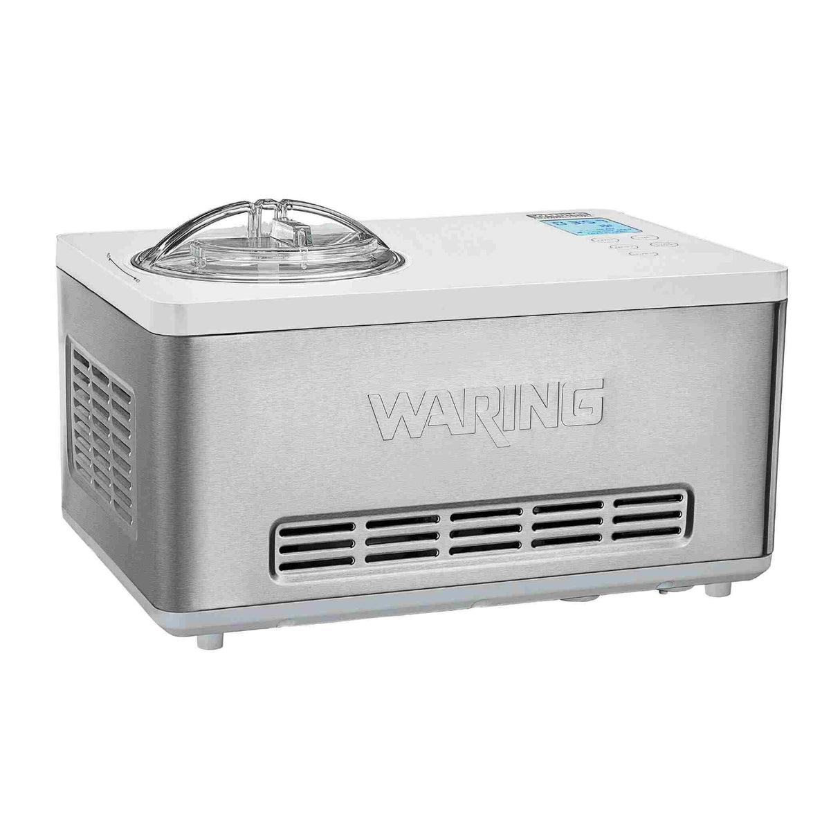 A stainless steel Waring Ice Cream Maker with a built-in compressor, clear plastic lid, side air vents, and digital control panel. This 2 qt. capacity appliance features WARING embossed on the front and stands on small feet.