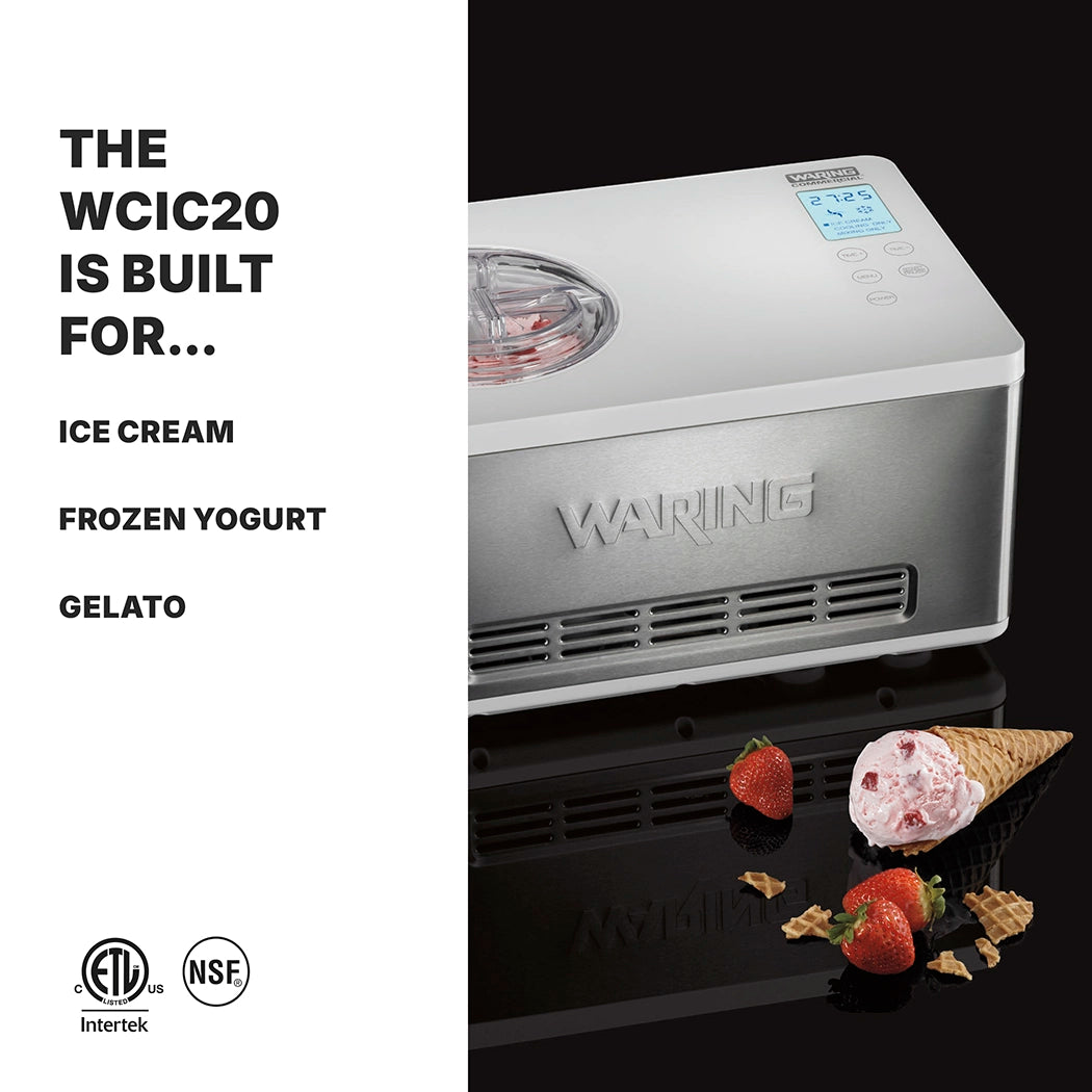 A silver Waring Ice Cream Maker with a built-in compressor sits on a black surface next to a waffle cone filled with strawberry ice cream, strawberries, and mint. Text highlights its 2 qt. capacity: "The WCIC20 is built for... Ice cream, frozen yogurt, gelato.