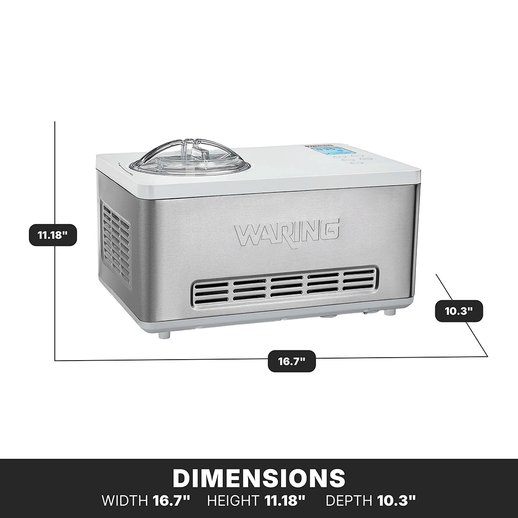 A silver Waring Ice Cream Maker with a built-in compressor is shown on a white background, its 2 qt. capacity highlighted. Dimensions are labeled: width 16.7", height 11.18", depth 10.3". The transparent lid and side vents are visible.