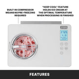 Top-view of a white Waring Commercial Ice Cream Maker with a clear lid, filled with pink ice cream. The digital display reads 27:25. Highlighted features include a built-in compressor and 2 qt. capacity. Black bar below reads “FEATURES.”.