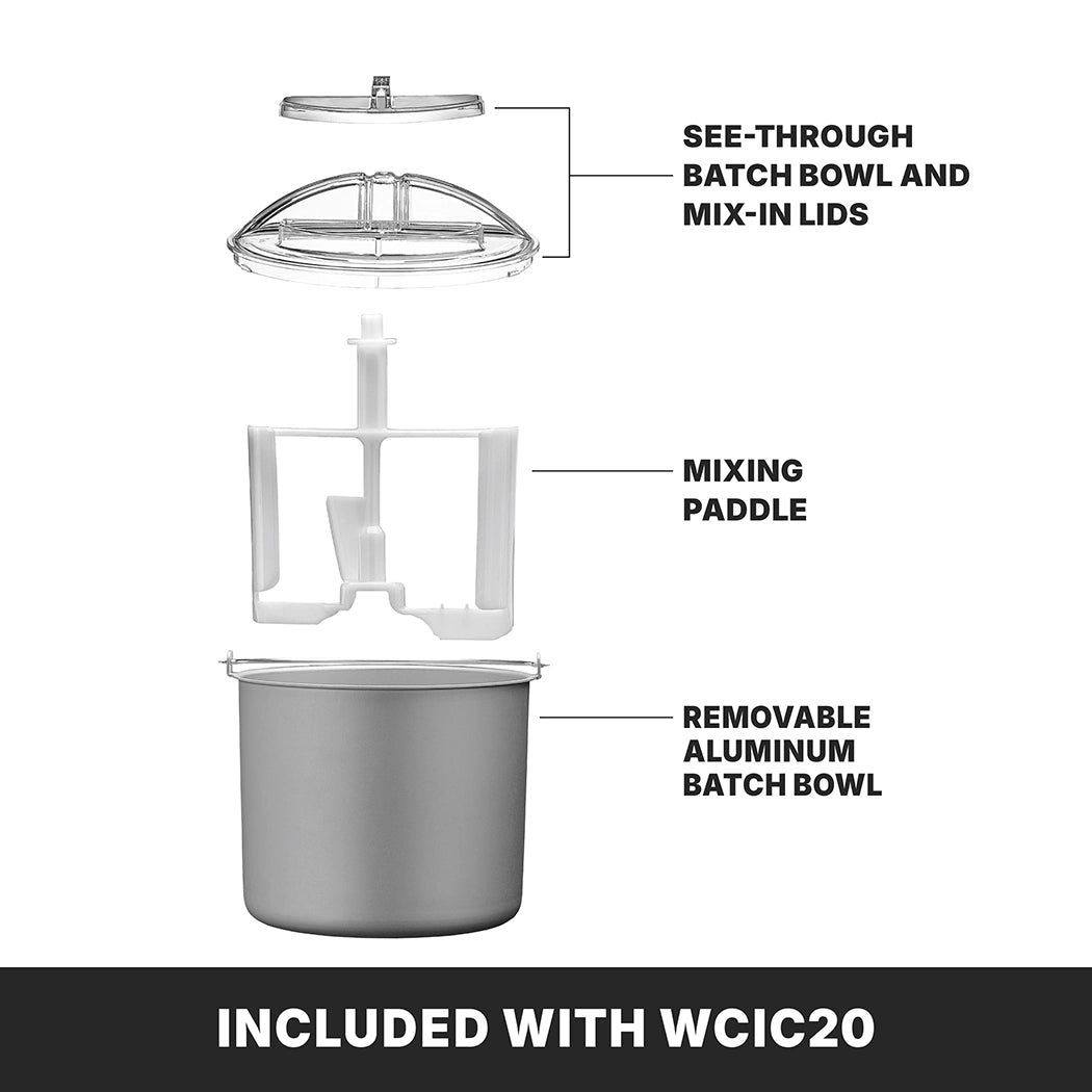 Exploded view of Ice Cream Maker parts, labeled: top see-through batch bowl and mix-in lids, middle white mixing paddle, bottom removable aluminum batch bowl. Features a 2 qt. capacity. Black box at bottom reads, “Included with WCIC20.”.