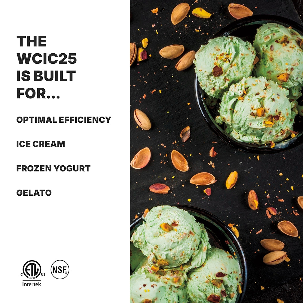 Two black bowls filled with green pistachio ice cream, made using the Ice Cream Maker with a built-in compressor and 2.5 qt. capacity, sit on a dark surface scattered with whole and chopped pistachios. Text on the left highlights WCIC25 features.