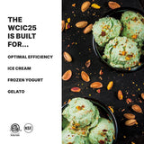 Two black bowls filled with green pistachio ice cream, made using the Ice Cream Maker with a built-in compressor and 2.5 qt. capacity, sit on a dark surface scattered with whole and chopped pistachios. Text on the left highlights WCIC25 features.