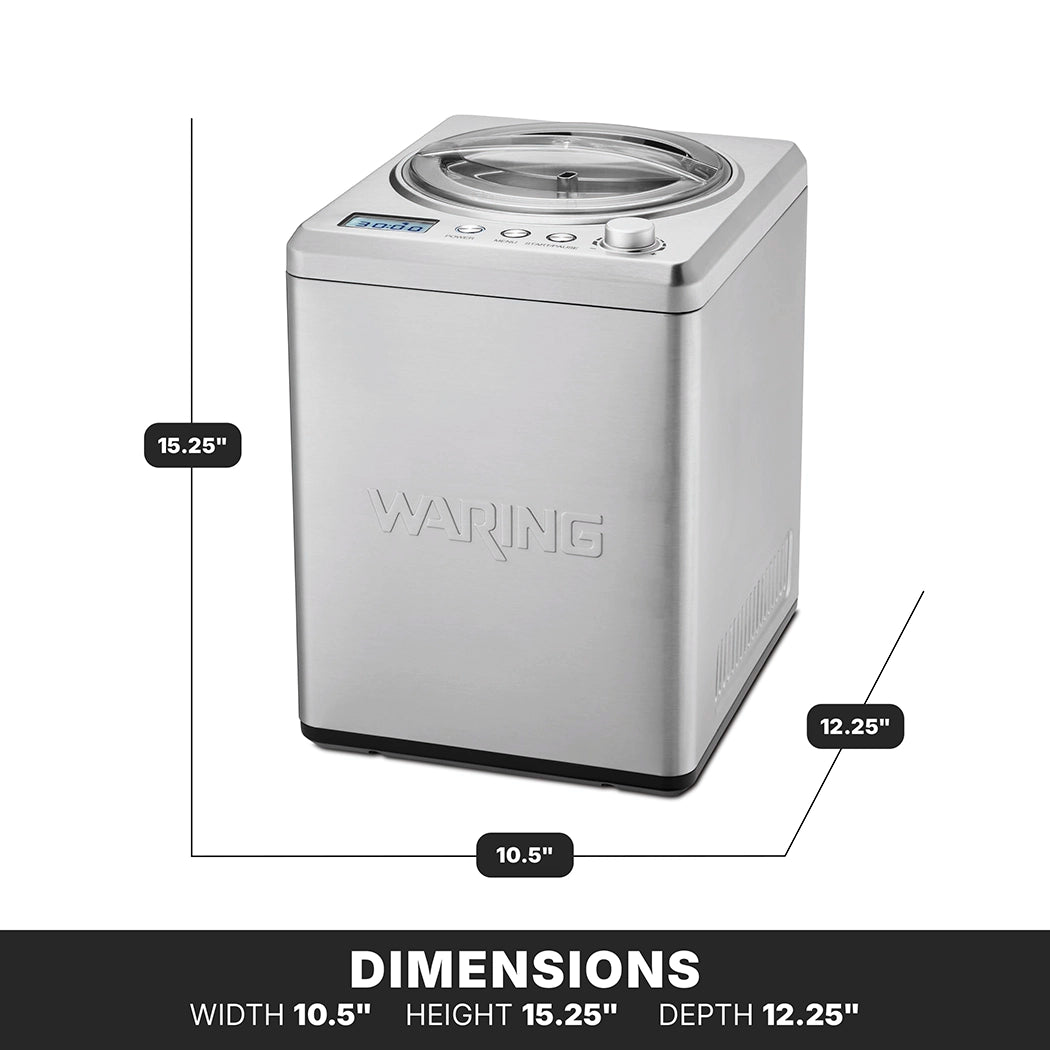 A stainless steel Waring Ice Cream Maker with a clear lid and built-in compressor sits on a white background. It features 2.5 qt. capacity, labeled dimensions, control buttons, and a small display on top for easy operation.