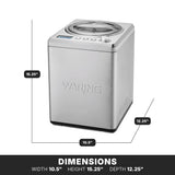 A stainless steel Waring Ice Cream Maker with a clear lid and built-in compressor sits on a white background. It features 2.5 qt. capacity, labeled dimensions, control buttons, and a small display on top for easy operation.