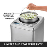 A hand lifts a bowl of pistachio ice cream from an Ice Cream Maker with a digital display and built-in compressor. Text reads, Makes up to 2.5 qt. of ice cream in 30 minutes. A banner at the bottom states, LIMITED ONE-YEAR WARRANTY.