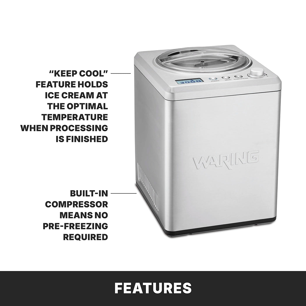 A silver Waring Ice Cream Maker with a 2.5 qt. capacity and digital display is shown. “Keep Cool” maintains ice cream temperature; the built-in compressor eliminates pre-freezing. FEATURES appears below on a black bar.
