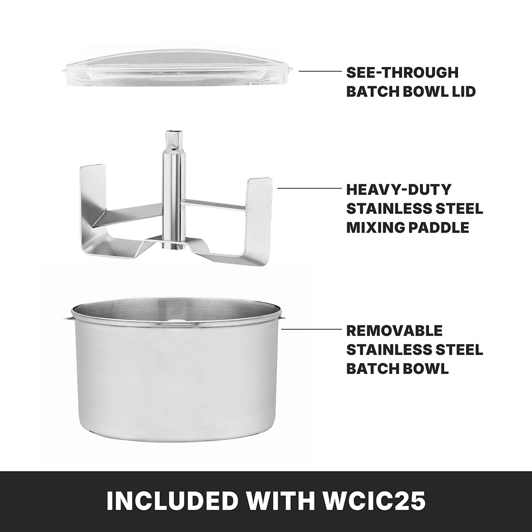Three labeled parts of the Ice Cream Maker: a transparent batch bowl lid at the top, a metal mixing paddle in the middle, and a removable stainless steel 2.5 qt. capacity batch bowl at the bottom. Text below reads “INCLUDED WITH WCIC25.”.