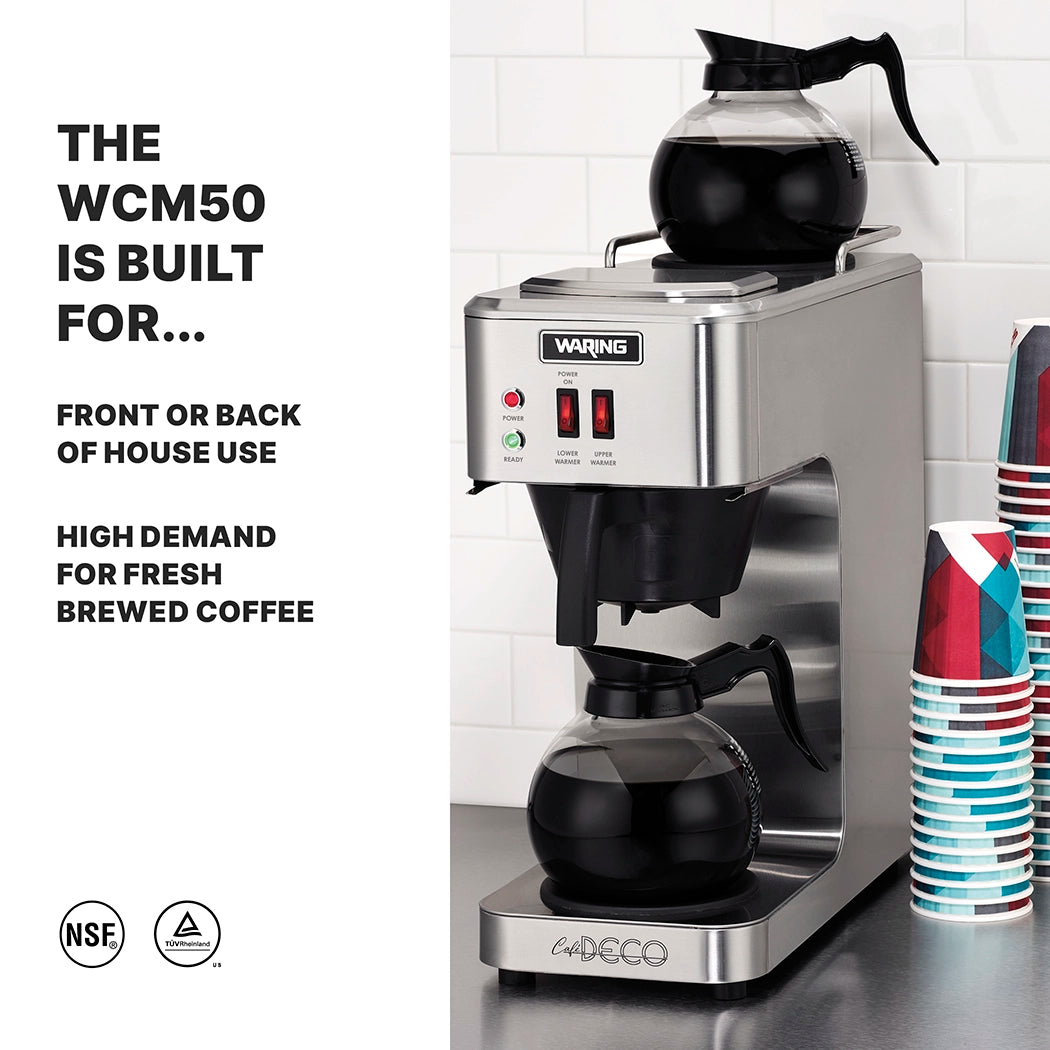 A stainless steel pourover coffee brewer with self regulating warmers holds two glass carafes, one on top and one at the base. Disposable cups are stacked beside it. Text reads: “THE WCM50 IS BUILT FOR… FRONT OR BACK OF HOUSE USE, HIGH DEMAND FOR FRESH BREWED COFFEE.”.