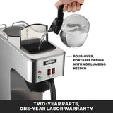 A hand pours water from a clear pitcher into the top of a stainless steel 3 gallon coffee maker. The machine features indicator lights, switches, and a sign noting its pourover coffee brewer design. Text below mentions self regulating warmers and the warranty details.
