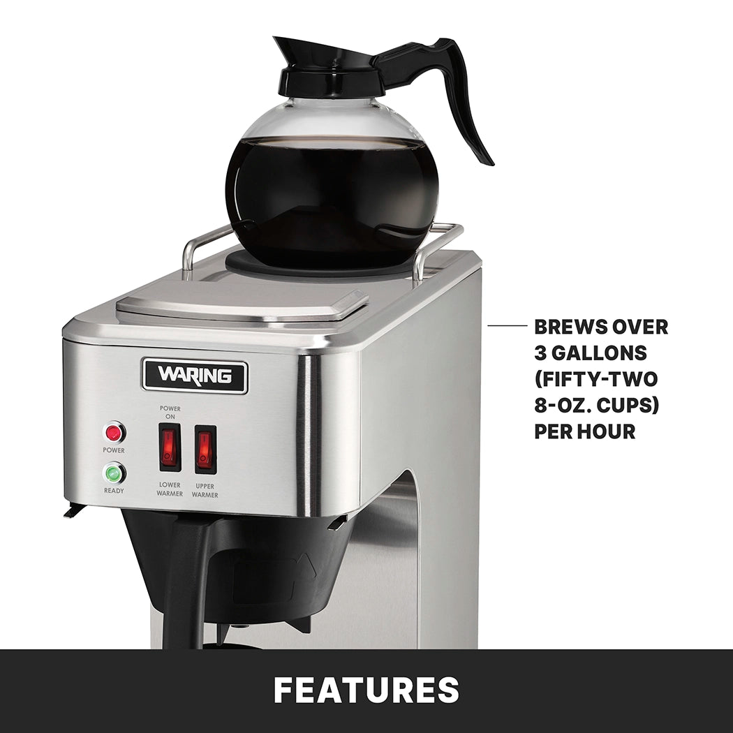 A stainless steel pourover coffee brewer has a glass pot filled with coffee on top. Indicator lights on the front show power and self regulating warmers. Text beside it reads, Brews over 3 gallons (fifty-two 8-oz. cups) per hour. The bottom label says Features.