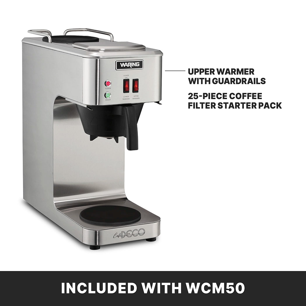 A stainless steel pourover coffee brewer with a top and bottom self regulating warmers, labeled features, and two red switches. Text highlights “Upper Warmer with Guardrails” and “25-piece Coffee Filter Starter Pack.” Banner below reads “Included with WCM50.”.