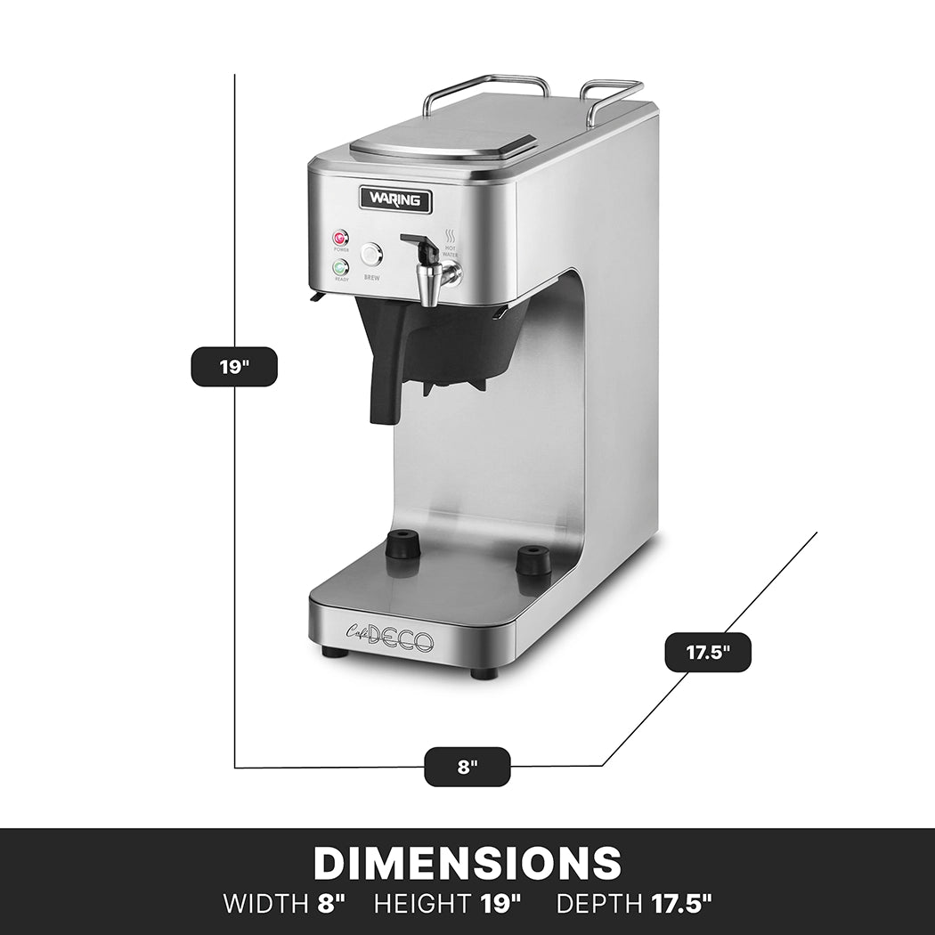 A stainless steel Waring commercial coffee maker stands alone. Labeled arrows indicate its dimensions: 19 inches high, 8 inches wide, and 17.5 inches deep. The machine has a spout, drip tray, control buttons, and sits on a plain white background.