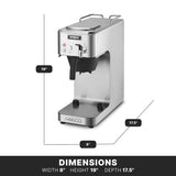 A stainless steel Waring commercial coffee maker stands alone. Labeled arrows indicate its dimensions: 19 inches high, 8 inches wide, and 17.5 inches deep. The machine has a spout, drip tray, control buttons, and sits on a plain white background.