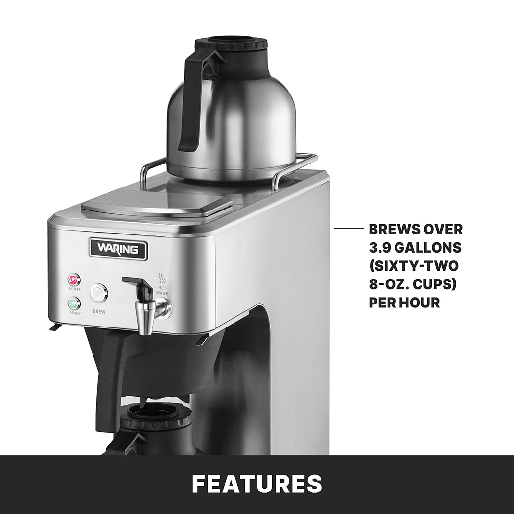 A stainless steel commercial coffee maker with buttons and a spout is shown. This thermal coffee brewer features a large carafe on top and another below. Text reads: Brews over 3.9 gallons (sixty-two 8-oz. cups) per hour. Features is at the bottom.