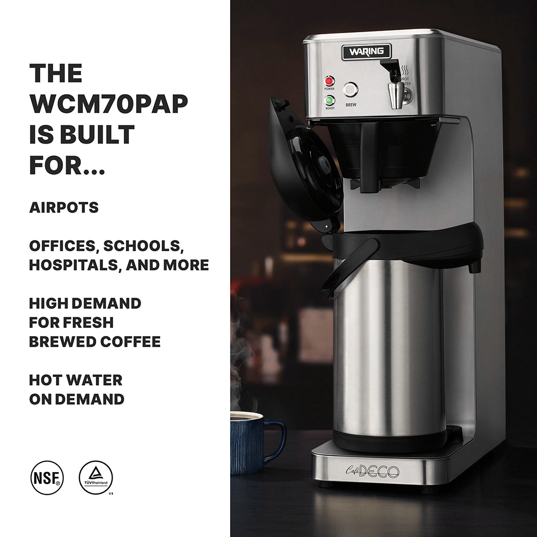 A stainless steel Waring Airpot Coffee Brewer with an open filter basket sits on a dark counter. Steam rises from a blue mug nearby. Text beside it highlights its use in offices, schools, and cafés for fresh brewed coffee and hot water on demand.