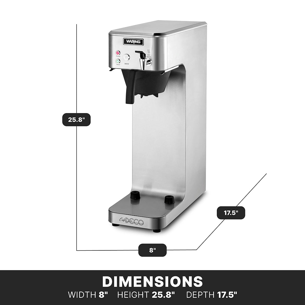 A silver, upright Airpot Coffee Brewer with a black dispenser and top control panel. Text and lines show dimensions: 25.8 inches tall, 8 inches wide, and 17.5 inches deep. Branding “Waring” and “Café Deco” visible.