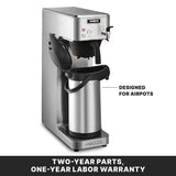 A Waring Airpot Coffee Brewer with a black lid is shown brewing into a matching airpot. The text highlights it's “Designed for Airpots.” A banner below reads: “Two-year parts, one-year labor warranty.” Perfect for any Café Deco setup.