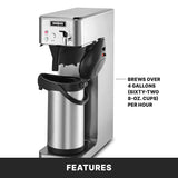 A stainless steel Waring Café Deco Airpot Coffee Brewer with a black handle, brewing into a tall airpot. A label notes: Brews over 4 gallons (sixty-two 8-oz. cups) per hour. The bottom of the image has a black bar labeled Features.