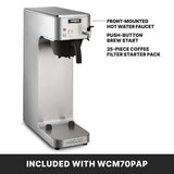 The Waring Café Deco Airpot Coffee Brewer features a stainless steel build, front-mounted hot water faucet, push-button brew start, and black drip tray. Includes a 25-piece coffee filter starter pack with model WCM70PAP.