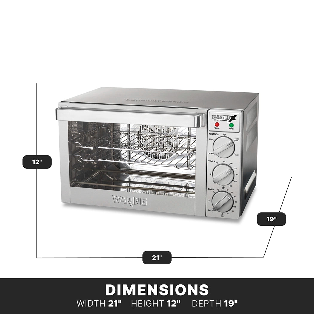 A stainless steel countertop oven with a glass door and three control knobs on the right. The Waring WCO250X is labeled with its dimensions: 21 wide, 12 high, and 19 deep. White background features dimension lines and bold DIMENSIONS text at the bottom.