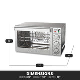 A stainless steel countertop oven with a glass door and three control knobs on the right. The Waring WCO250X is labeled with its dimensions: 21 wide, 12 high, and 19 deep. White background features dimension lines and bold DIMENSIONS text at the bottom.