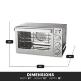 A stainless steel countertop oven with a glass door, three control knobs, and two wire racks inside. The commercial convection oven measures 21 inches wide, 12 inches high, and 19 inches deep, displayed over a white background.