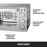 A close-up of a Waring WCO250X countertop oven with stainless steel construction, heat settings from 150°F to 500°F, and a double-pane tempered glass door. Three control knobs are visible for function, temperature, and timer settings.
