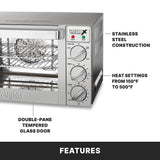 A stainless steel countertop oven with three control knobs for function, temperature (150°F–500°F), and timer. The double-pane tempered glass door and labeled features highlight construction, heat settings, and door type. “FEATURES” is written at the bottom.
