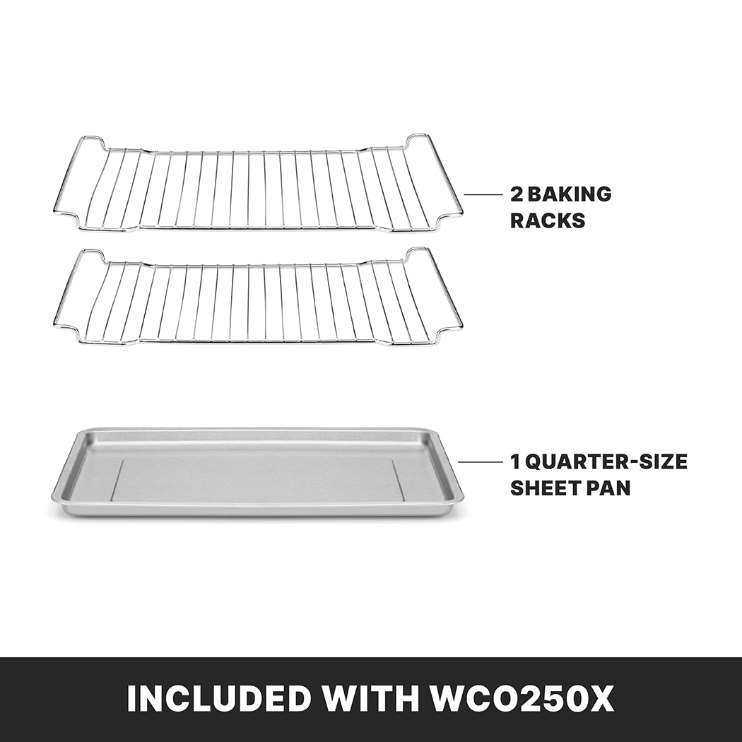 Two metal baking racks are shown above a single quarter-size sheet pan, labeled as 2 baking racks and 1 quarter-size sheet pan. Bottom text reads, Included with Waring WCO250X commercial convection oven, on a black background.