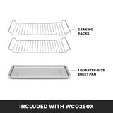 Image showing two metal baking racks labeled 2 Baking Racks above a silver quarter-size sheet pan labeled 1 Quarter-Size Sheet Pan, highlighting accessories included with the WCO250X countertop oven in bold white text on a black background.