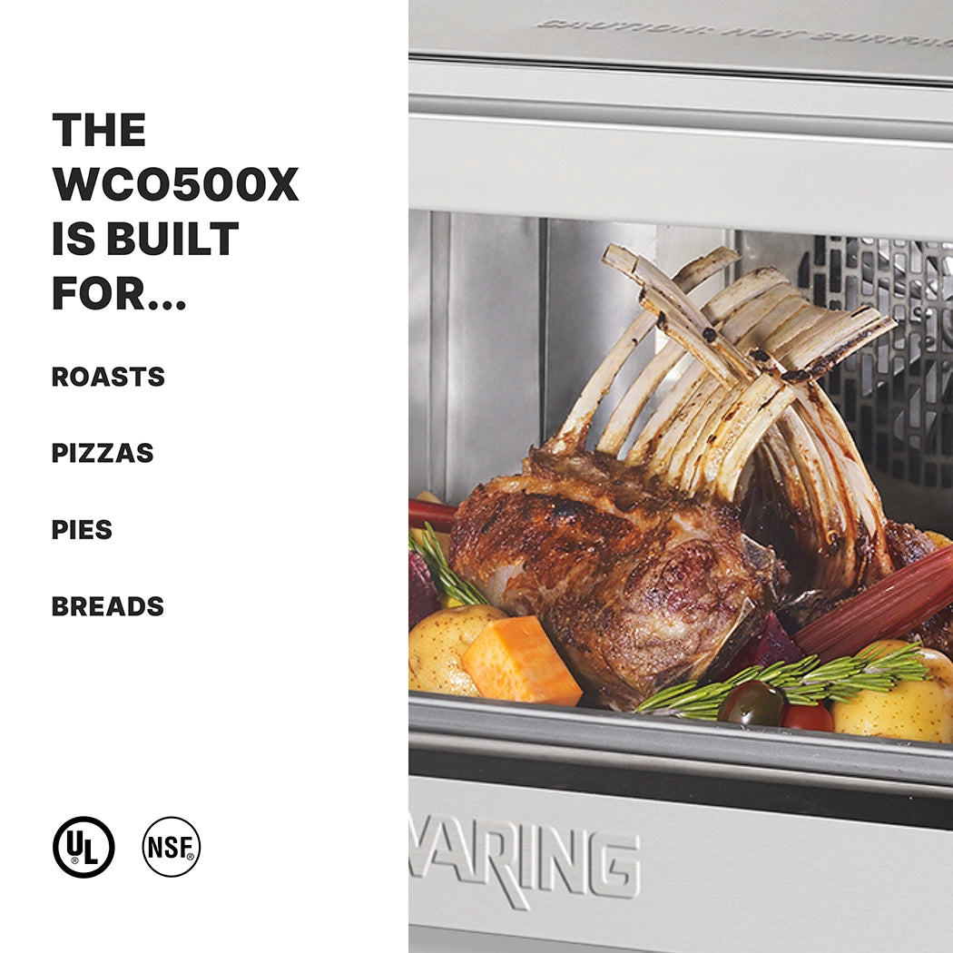 A stainless steel commercial convection oven with a rack of roast lamb, potatoes, and vegetables inside. Text on the left reads: “The WCO500X is built for… Roasts, Pizzas, Pies, Breads.” UL and NSF certification logos are at the bottom left.