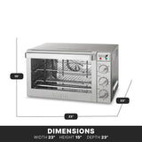 A stainless steel Commercial Convection Oven with a glass door, control knobs, and interior racks. Labeled dimensions are 23 inches wide, 15 inches high, and 23 inches deep. “Waring” is branded on the front with dimensions displayed below.