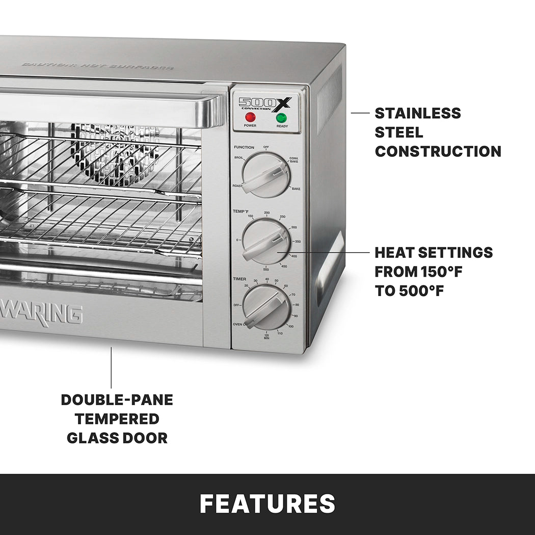 A close-up of a stainless steel countertop oven shows labeled features: stainless steel construction, heat settings from 150°F to 500°F, and a double-pane tempered glass door. Three control knobs and oven racks are visible. The word FEATURES is at the bottom.
