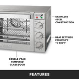 A close-up of a stainless steel countertop oven shows labeled features: stainless steel construction, heat settings from 150°F to 500°F, and a double-pane tempered glass door. Three control knobs and oven racks are visible. The word FEATURES is at the bottom.