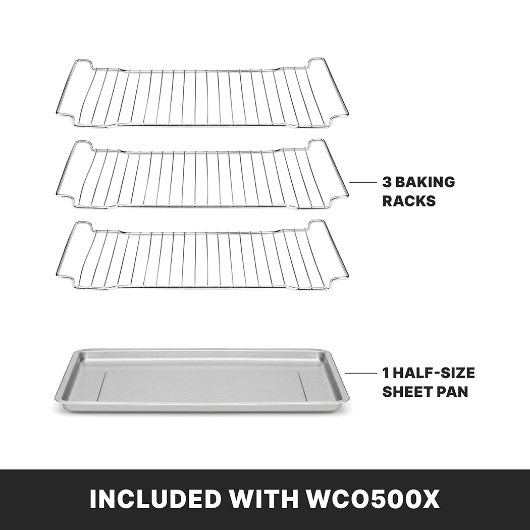 Three stainless steel baking racks are stacked above a rectangular metal half-size sheet pan. Text labels each piece: 3 racks and 1 half-size sheet pan. Below, a black bar reads: INCLUDED WITH WCO500X Commercial Convection Oven.