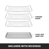 Three stainless steel baking racks are stacked above a rectangular metal half-size sheet pan. Text labels each piece: 3 racks and 1 half-size sheet pan. Below, a black bar reads: INCLUDED WITH WCO500X Commercial Convection Oven.