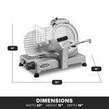 A silver Waring Commercial Food Slicer with a clear safety guard is shown on a white background. Black lines highlight its 20" width, 15" height, and 18" depth. Adjustable slice thickness is featured. Bold text lists these measurements above a black bar.