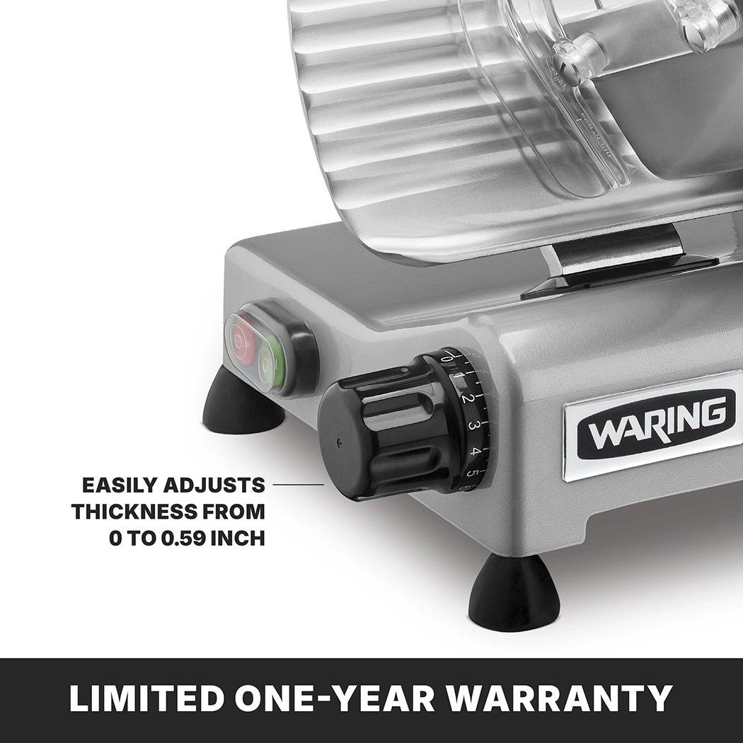 Close-up of a Waring Commercial Food Slicer shows adjustable slice thickness from 0 to 0.59 inch, with green power and red buttons. LIMITED ONE-YEAR WARRANTY text appears at the bottom.