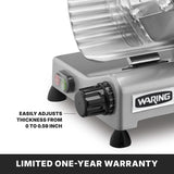 Close-up of a Waring Commercial Food Slicer shows adjustable slice thickness from 0 to 0.59 inch, with green power and red buttons. LIMITED ONE-YEAR WARRANTY text appears at the bottom.