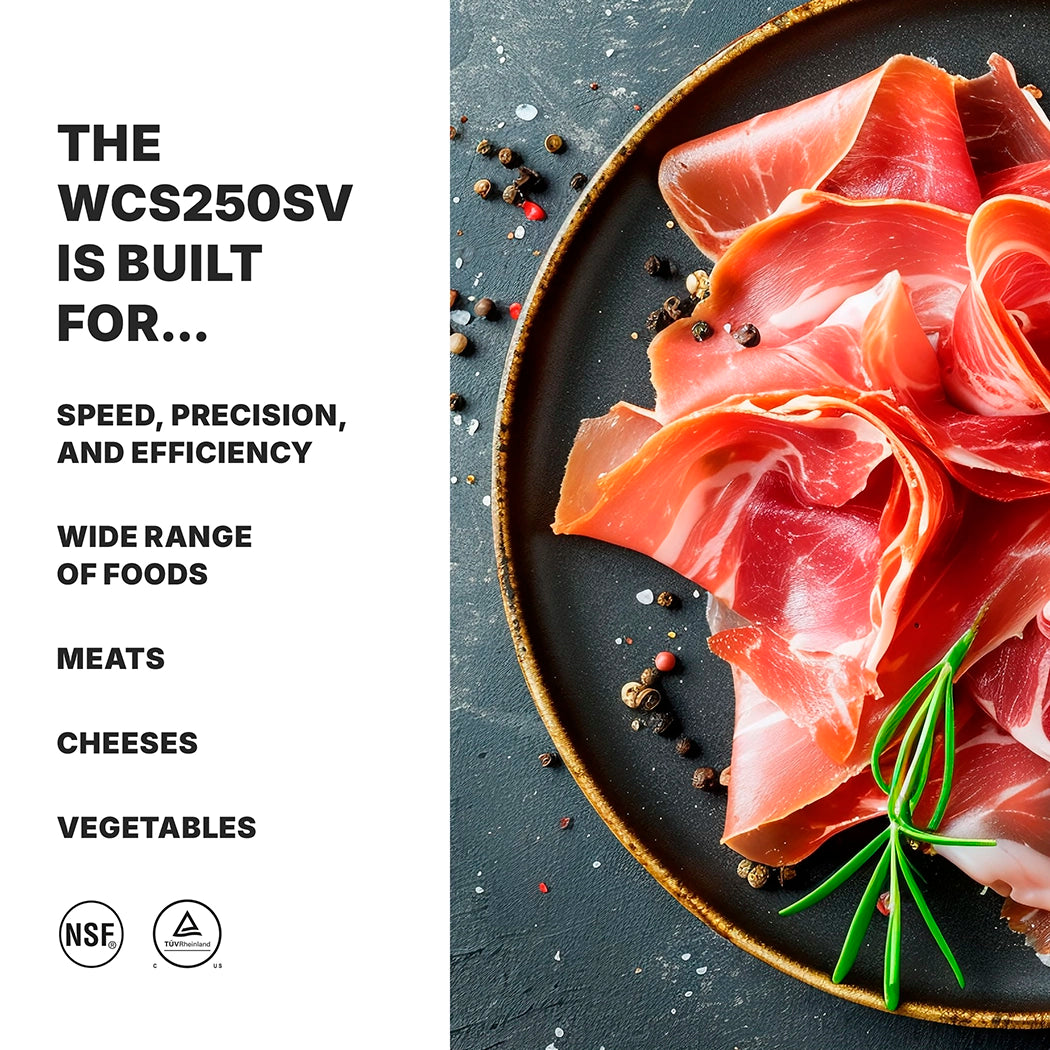 A round plate with thin slices of cured meat, garnished with rosemary, sits on a white surface with scattered peppercorns. Text on the left reads: “THE WCS250SV ELECTRIC FOOD SLICER IS BUILT FOR speed, precision, and adjustable slice thickness.”.