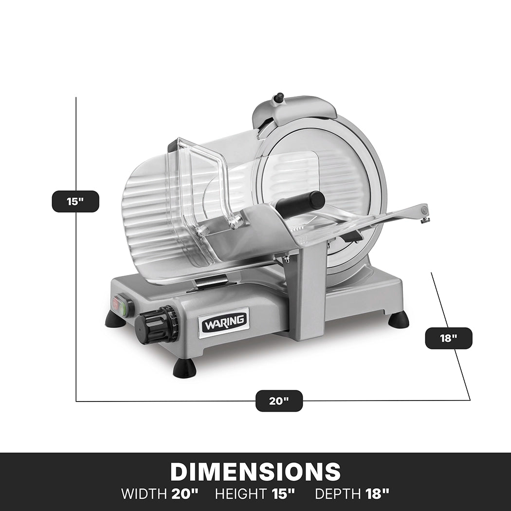 A silver Waring Commercial Food Slicer is shown, with labeled dimensions: 15 high, 20 wide, and 18 deep. The electric food slicer features adjustable slice thickness, a circular blade, handle, guarding shield, and control buttons.