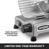 A close-up of a silver Commercial Food Slicer shows a black knob labeled with adjustable slice thickness settings from 0 to 0.59 inches. Red and green power buttons are visible, and text at the bottom reads, LIMITED ONE-YEAR WARRANTY.