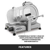 A silver Waring Commercial Food Slicer with a clear safety guard and black handle sits on a white background. Caption notes: Commercially rated ¾ peak HP ventilated induction motor prevents overheating, runs quietly, and offers adjustable slice thickness.