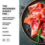 A black plate holds thinly sliced pink cured meat, garnished with rosemary. Whole peppercorns are scattered nearby. On the left, bold text highlights the heavy duty WCS300SV Commercial Food Slicer’s 12" tempered chrome blade and versatile uses. Certification logos appear below.