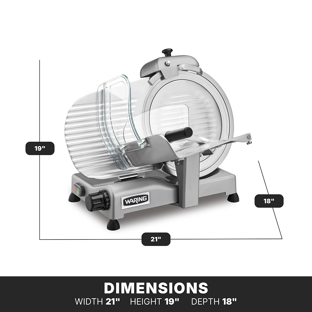 A silver Waring Commercial Food Slicer is shown in perspective view, featuring a 12" tempered chrome blade, clear safety guard, and adjustment knob. The heavy duty slicer measures 21" wide, 19" high, and 18" deep. Its black base houses the power switch.