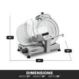 A silver Waring Commercial Food Slicer is shown in perspective view, featuring a 12" tempered chrome blade, clear safety guard, and adjustment knob. The heavy duty slicer measures 21" wide, 19" high, and 18" deep. Its black base houses the power switch.