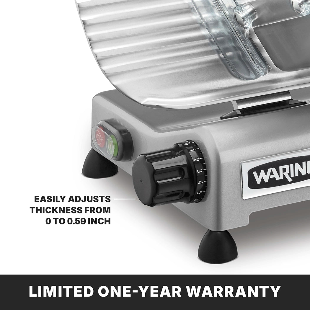 A close-up of a Commercial Food Slicer’s control panel displays a black thickness adjustment knob, an on/off switch, and part of the 12" tempered chrome blade. Easily adjusts thickness from 0 to 0.59 inch. Banner below reads LIMITED ONE-YEAR WARRANTY.