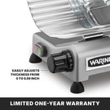 A close-up of a Commercial Food Slicer’s control panel displays a black thickness adjustment knob, an on/off switch, and part of the 12" tempered chrome blade. Easily adjusts thickness from 0 to 0.59 inch. Banner below reads LIMITED ONE-YEAR WARRANTY.