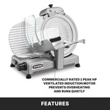 A silver Waring Commercial Food Slicer with a clear safety guard and adjustable thickness knob is shown. It features a 12" tempered chrome blade and a heavy duty, 1 peak HP ventilated induction motor for quiet, cool performance. FEATURES is written at the bottom.